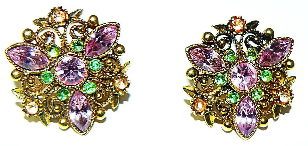 Vintage Avon Gold-Tone ClipOn Earrings Purple Green Rhinestones Floral Design